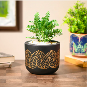 Matt Black Golden Leaf Terracotta Pot