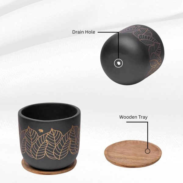 golden leaf black terracotta planter (4 inch handmade pot)